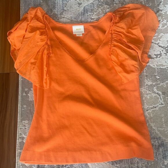 Maeve Anthropologie Ruffle Sleeve Top Ribbed V-Neck Blouse Orange Medium - Picture 1 of 4
